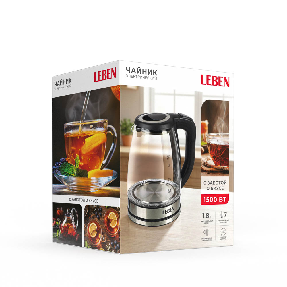 Чайник электрический тм LEBEN 1,8л, 1500Вт, 220В, стекло, электронное управление, мультиподсветка, арт.№ 291-153