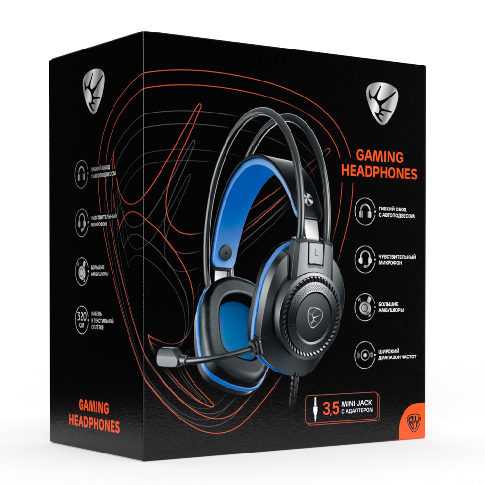 Наушники проводные с микрофоном игровые BY Сabasset 3.5мм 4pin-SPK+MIC 3,2 м, синие, арт.№ 410-081