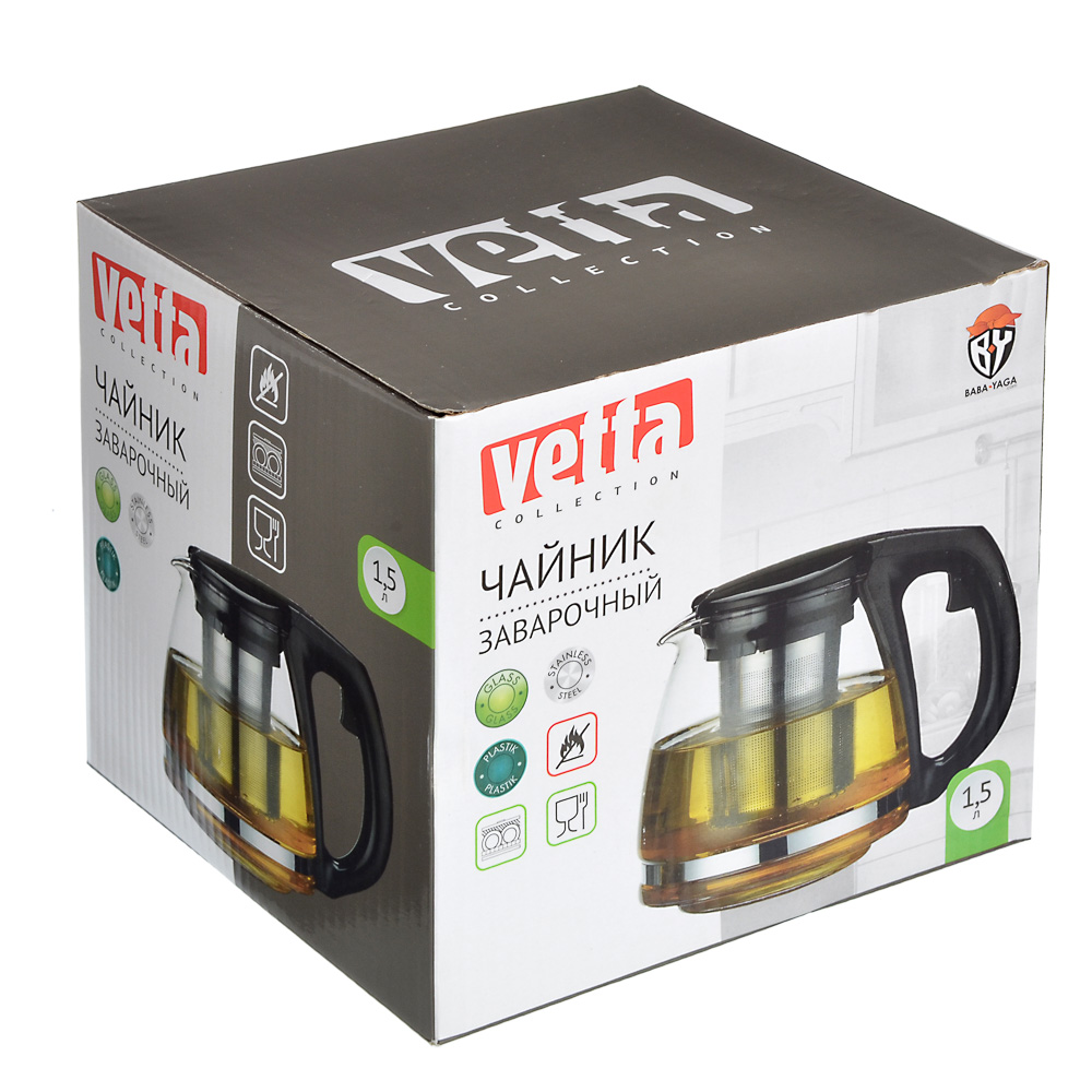 VETTA Чайник заварочный 1500мл с измерительной шкалой, ситечко из нержавеющей стали, стекло, арт.№ 850-143
