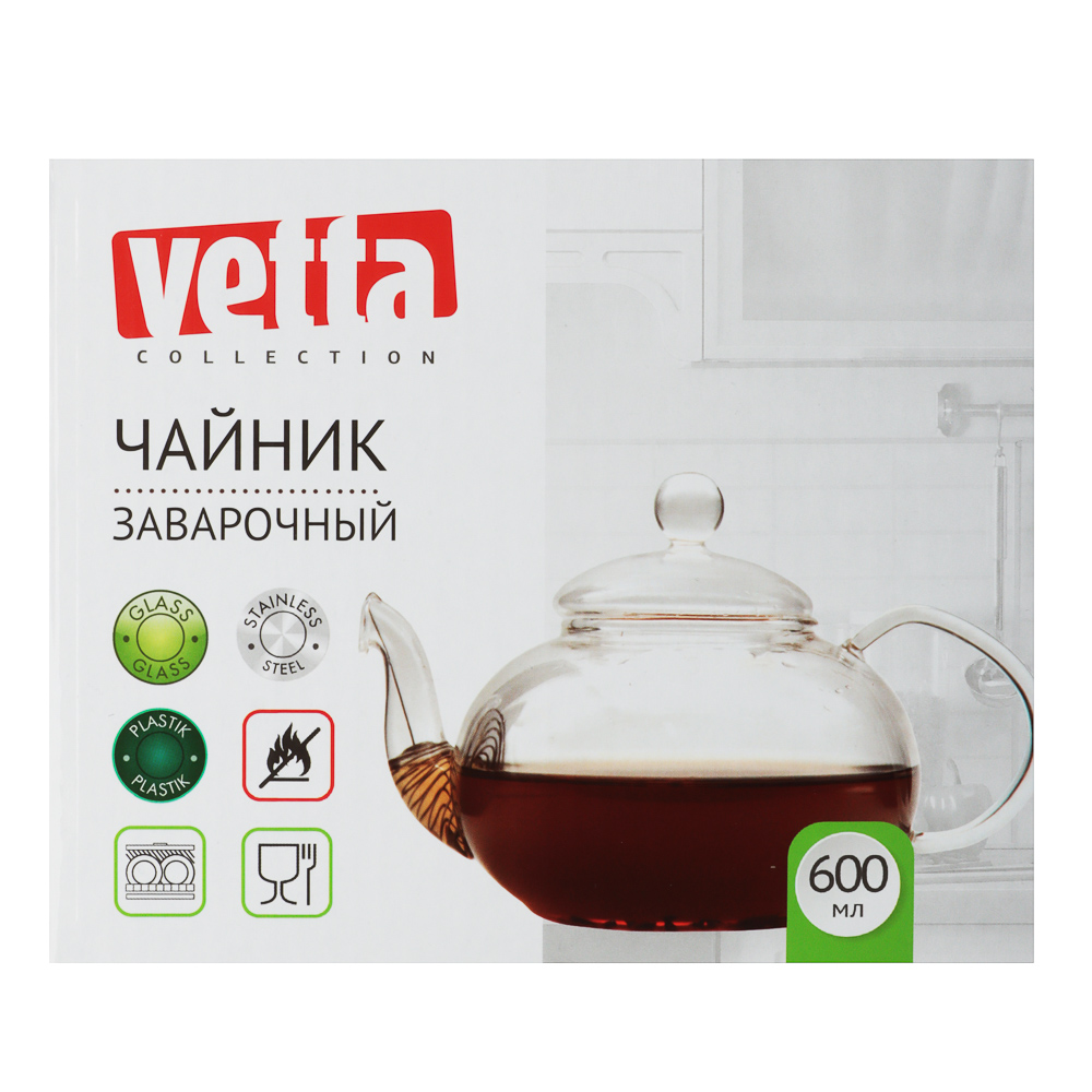 VETTA Чайник заварочный 600мл, с металлическим фильтром, стекло, арт.№ 850-157