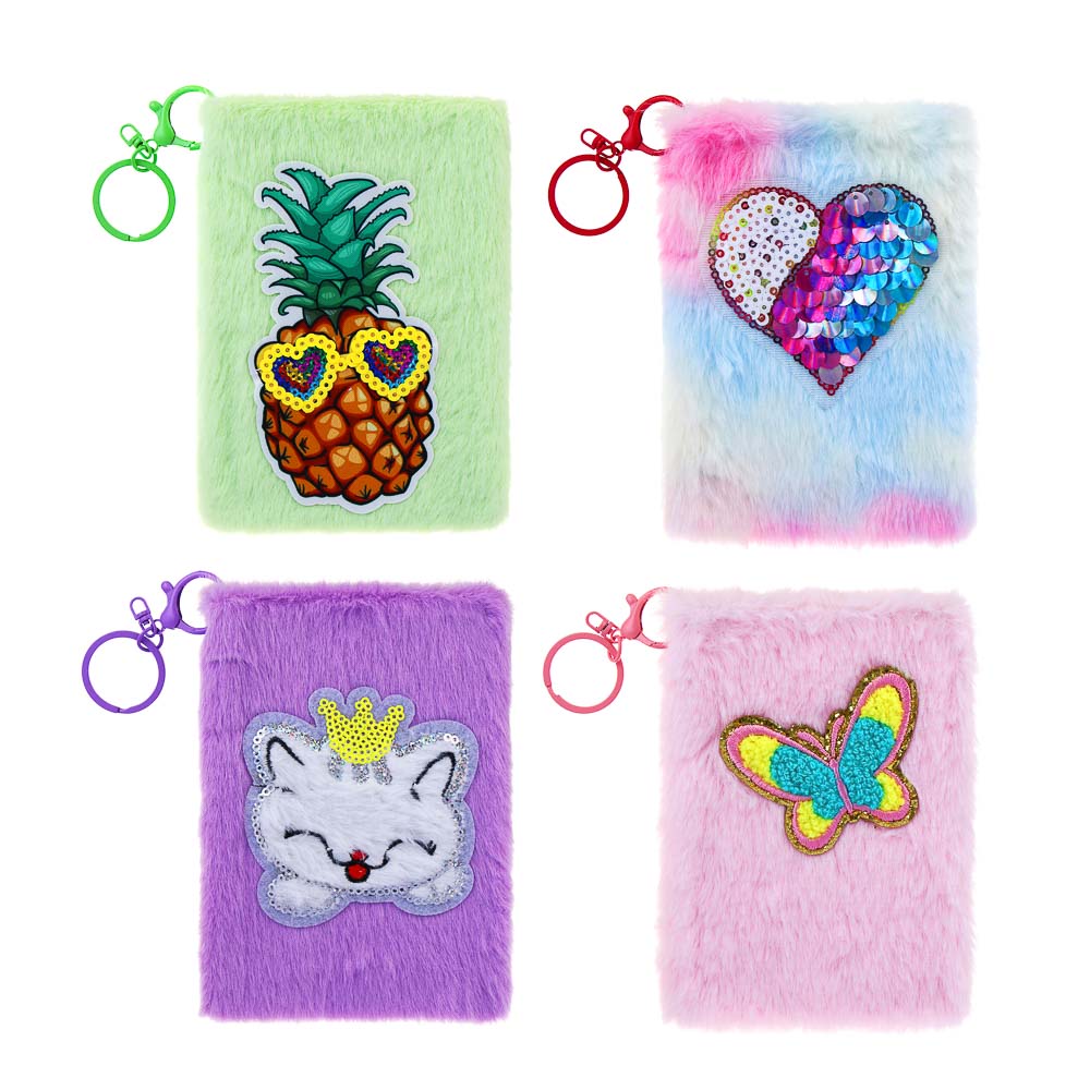 Записная книжка с карабином, 11x14,8см, 96л, полиэстер, плюш, аппликация, 4 дизайна, арт.№ 574-073