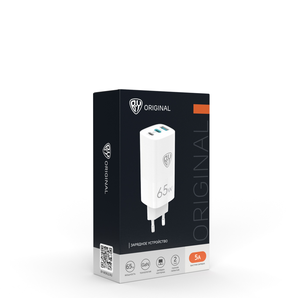 Сетевое зарядное устройство BY, Быстрая зарядка QC4.0+PD, GaN, 1xUSB, 2xType-C 65W, арт.№ 916-243