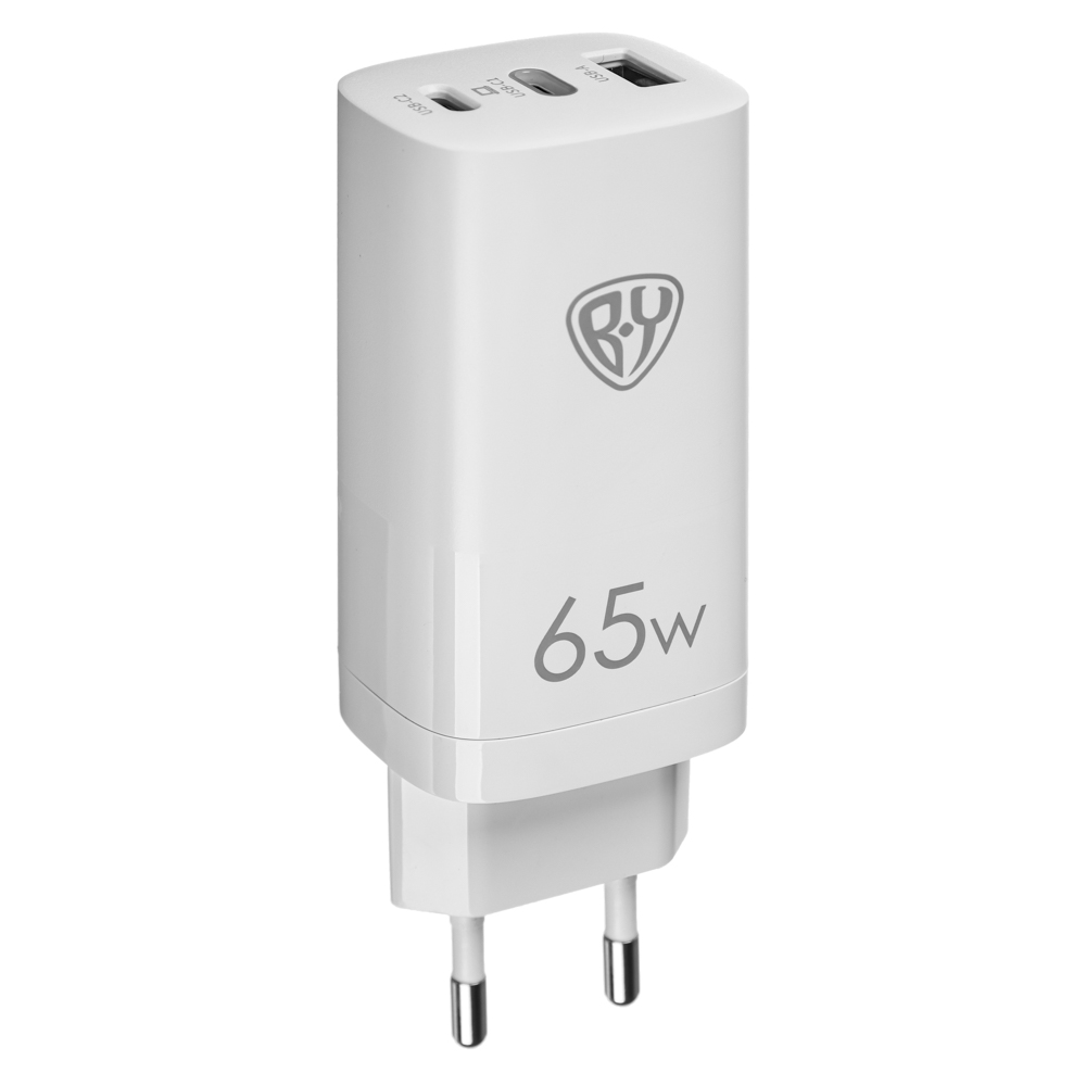 Сетевое зарядное устройство BY, Быстрая зарядка QC4.0+PD, GaN, 1xUSB, 2xType-C 65W, арт.№ 916-243