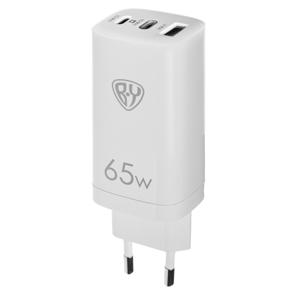 Сетевое зарядное устройство BY, Быстрая зарядка QC4.0+PD, GaN, 1xUSB, 2xType-C 65W, арт.№ 916-243