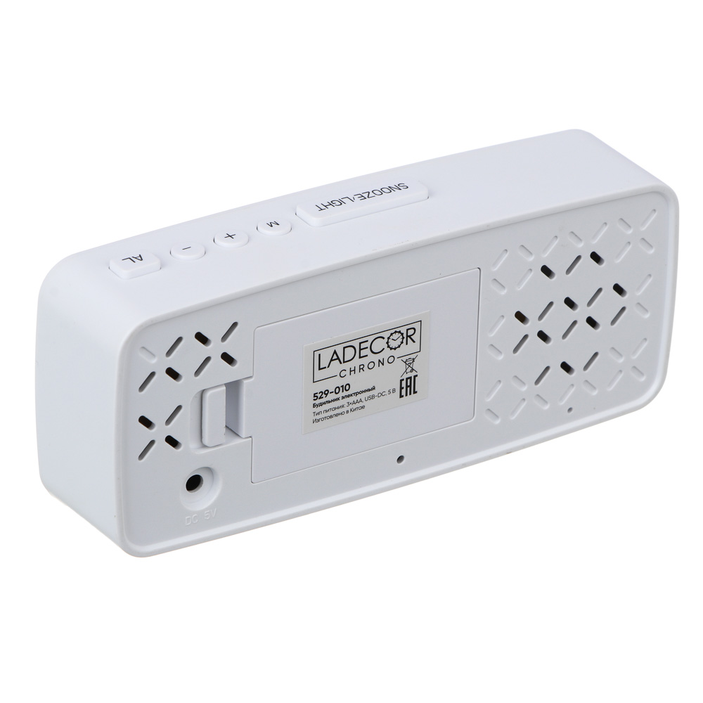 LADECOR CHRONO Будильник электронный, 14x5,7 см, USB/3xAAA, пластик, цвет белый, арт.1, арт.№ 529-010