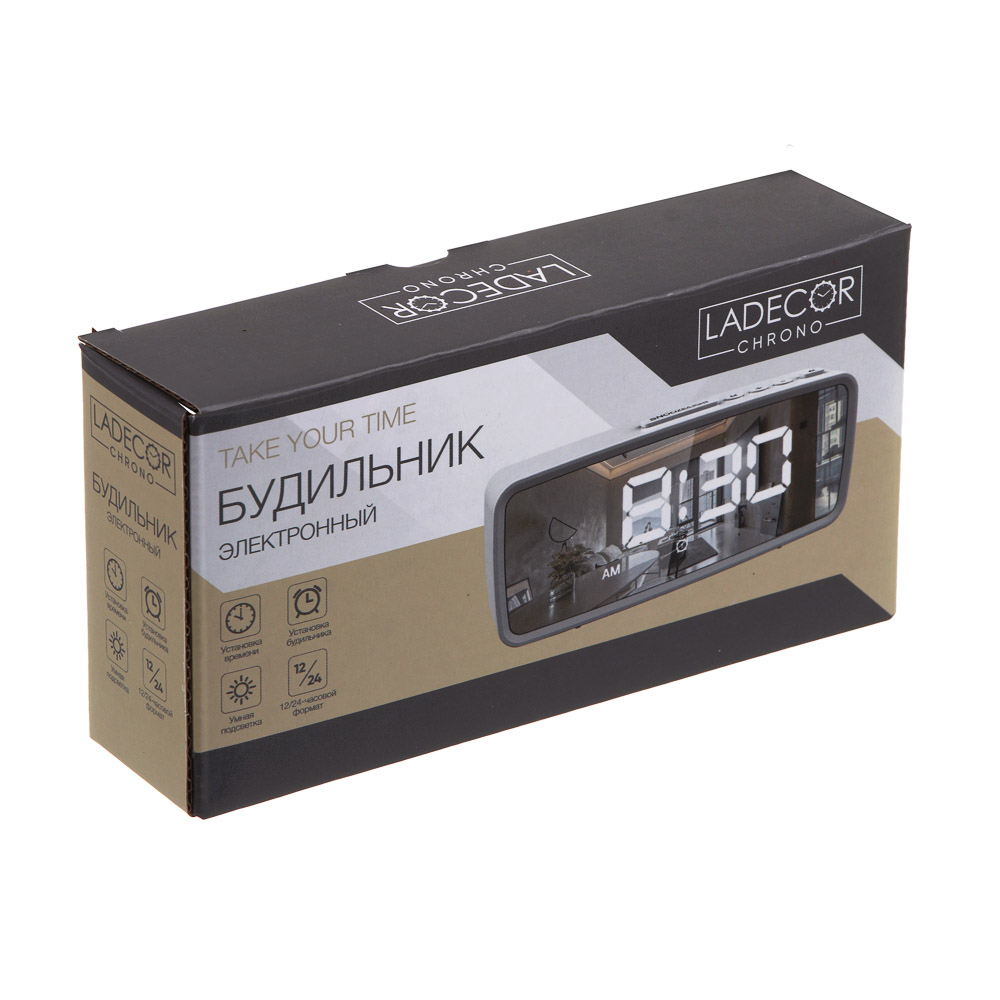 LADECOR CHRONO Будильник электронный, 14x5,7 см, USB/3xAAA, пластик, цвет белый, арт.1, арт.№ 529-010