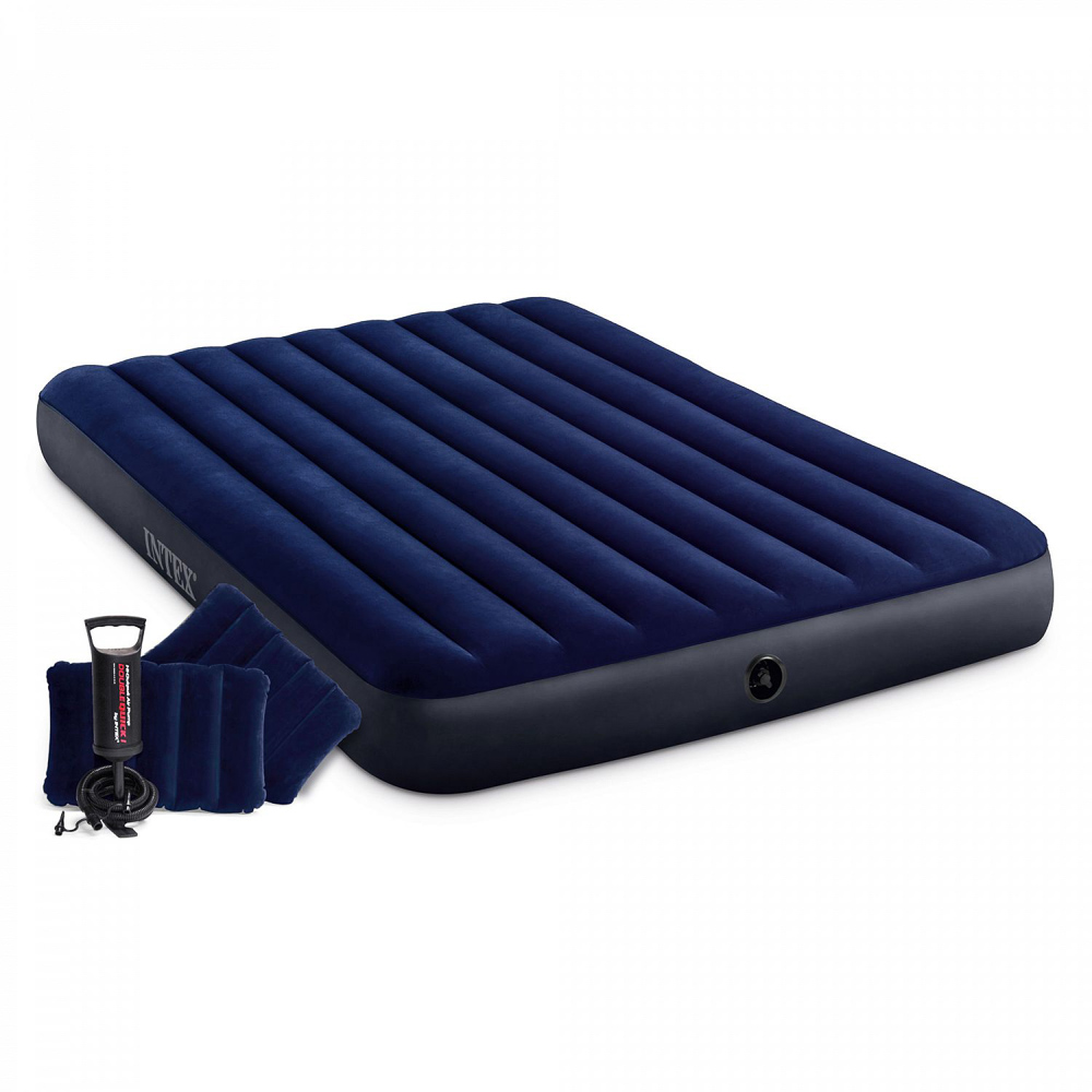 INTEX Матрас надувной CLASSIC DOWNY, в комплекте 2 подушки и насос, 203x152x25см, до 272кг, 64765, арт.№ 108-046