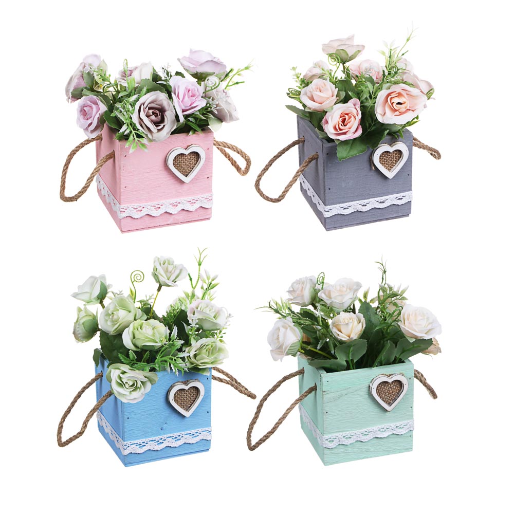 LADECOR Цветочная композиция в деревянном кашпо, с канатом, 4 цвета, 9,7х20 см, арт.№ 501-497