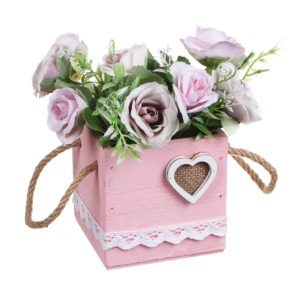 LADECOR Цветочная композиция в деревянном кашпо, с канатом, 4 цвета, 9,7х20 см, арт.№ 501-497