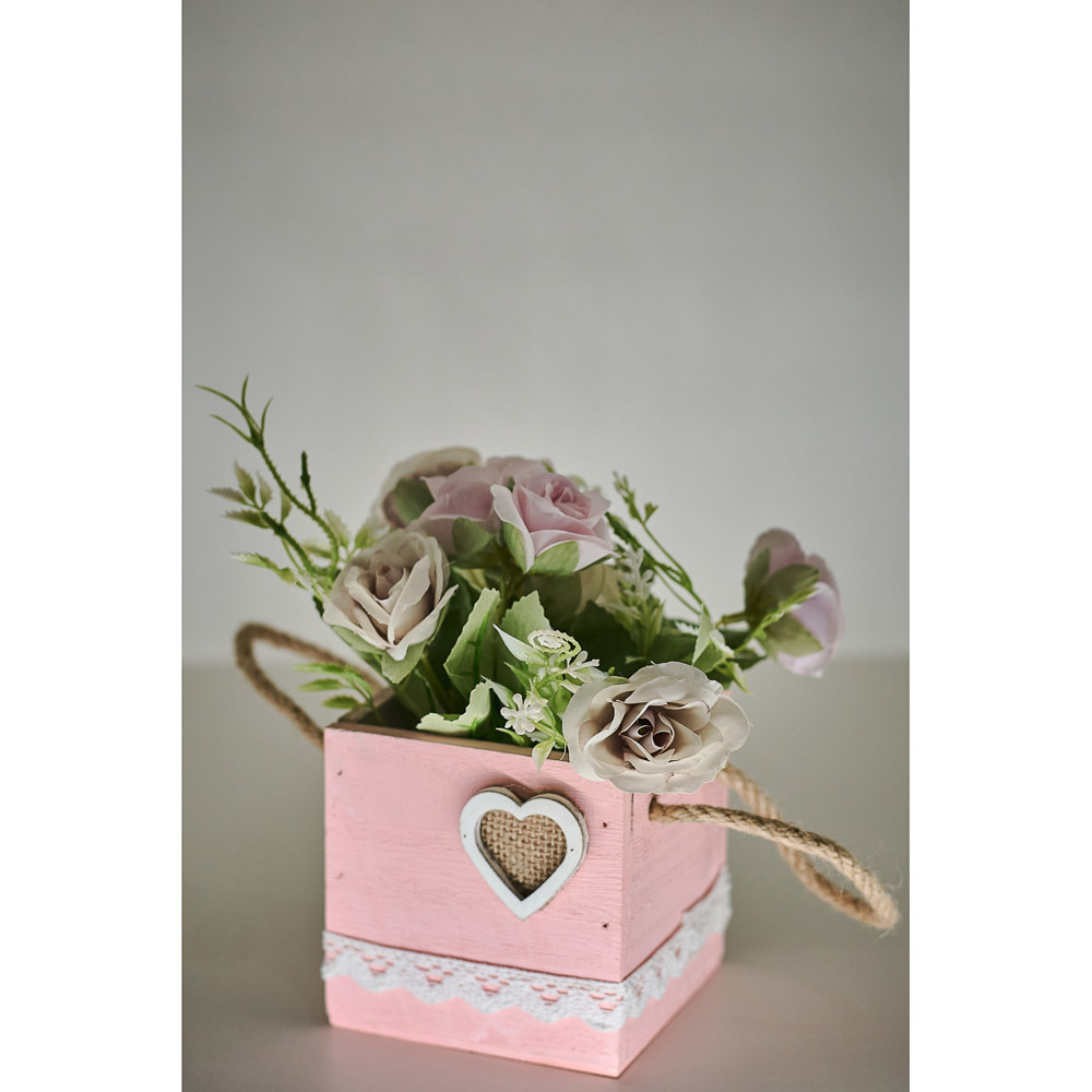 LADECOR Цветочная композиция в деревянном кашпо, с канатом, 4 цвета, 9,7х20 см, арт.№ 501-497