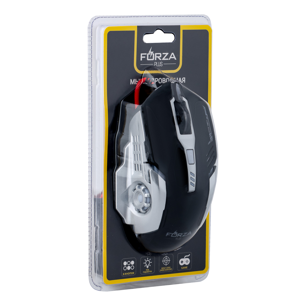 Компьютерная мышь проводная FORZA, 800-3200DPI, 6 кн., подсветка, провод 140см, игровая, 2 цвета, арт.№ 405-009