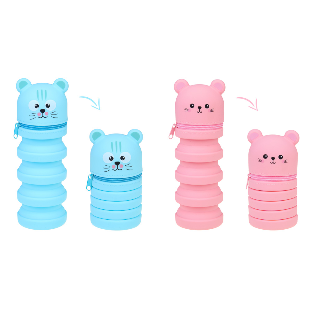 Пенал-подставка школьный 12,5-20,5х6,5х6,5 см FLOMIK, регулируемый по высоте, 1 отделение, в форме котиков, силикон, 2 дизайна, арт.№ 238-044