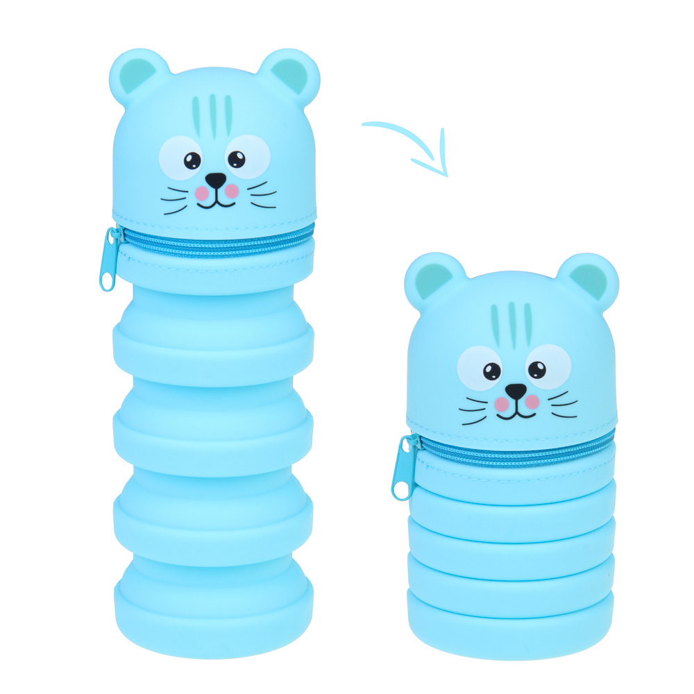 Пенал-подставка школьный 12,5-20,5х6,5х6,5 см FLOMIK, регулируемый по высоте, 1 отделение, в форме котиков, силикон, 2 дизайна, арт.№ 238-044