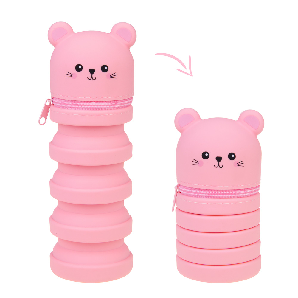 Пенал-подставка школьный 12,5-20,5х6,5х6,5 см FLOMIK, регулируемый по высоте, 1 отделение, в форме котиков, силикон, 2 дизайна, арт.№ 238-044