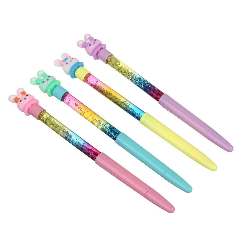 Ручка шариковая синяя, наконечник в форме зайчика, корпус с блестками, 20,5 см, 4 дизайна, пластик, арт.№ 591-034