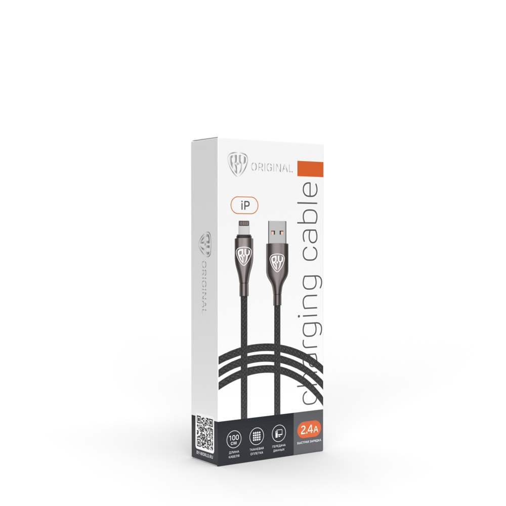 Кабель для зарядки USB(A)-iP BY Керамика, 1м, 2.4А, Быстрая зарядка, тканевая оплётка, черный, арт.№ 931-008