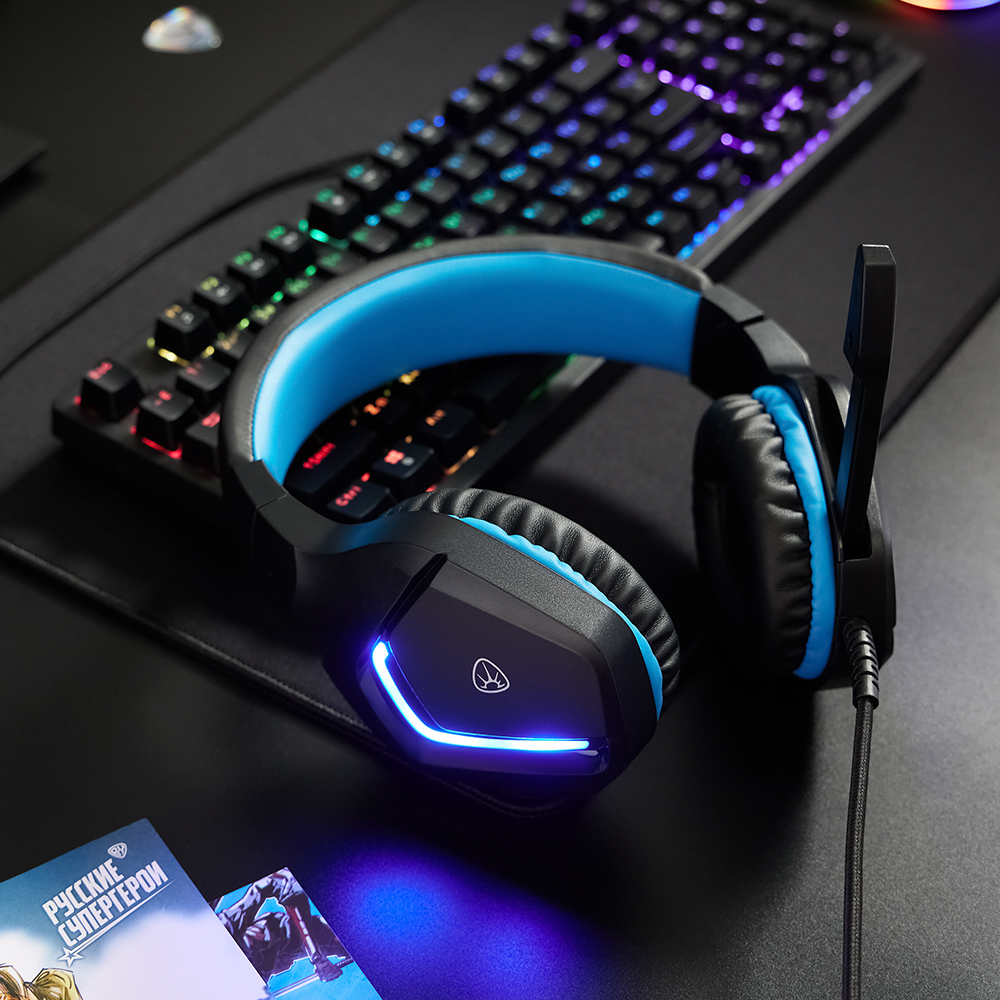 Наушники проводные с микрофоном игровые BY Bascinet USB 3,2 м, синяя подсветка, арт.№ 410-086