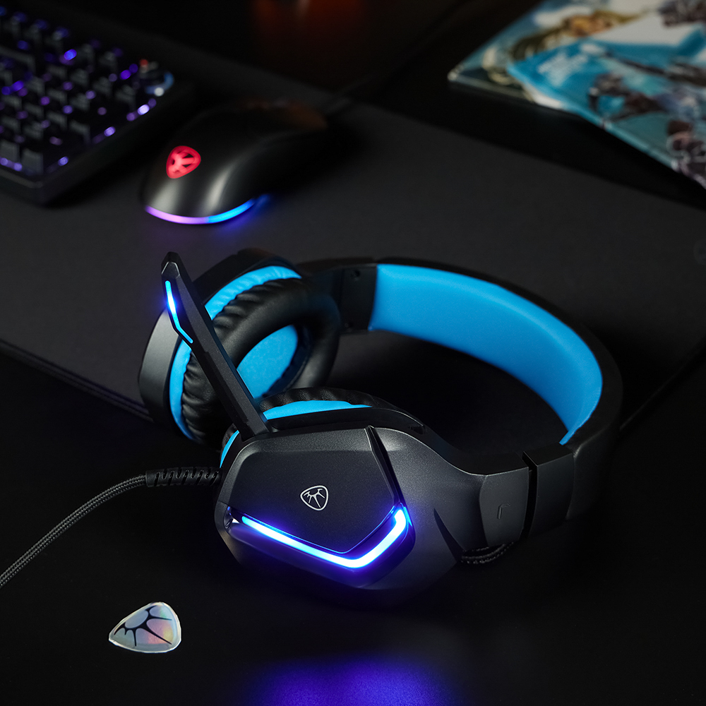 Наушники проводные с микрофоном игровые BY Bascinet USB 3,2 м, синяя подсветка, арт.№ 410-086