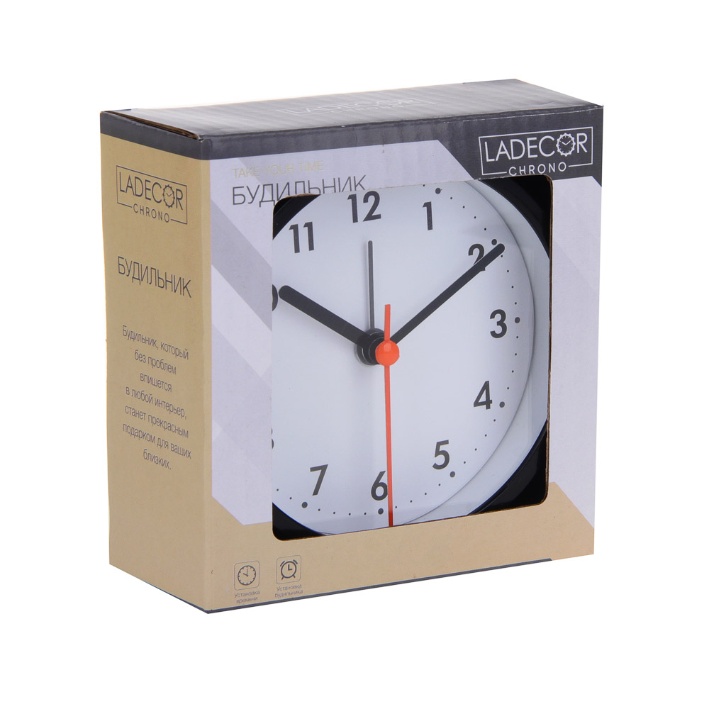 LADECOR CHRONO Будильник, 9,4x9,8x4 см, пластик, 1xAA, цвет черный, арт.№ 529-013