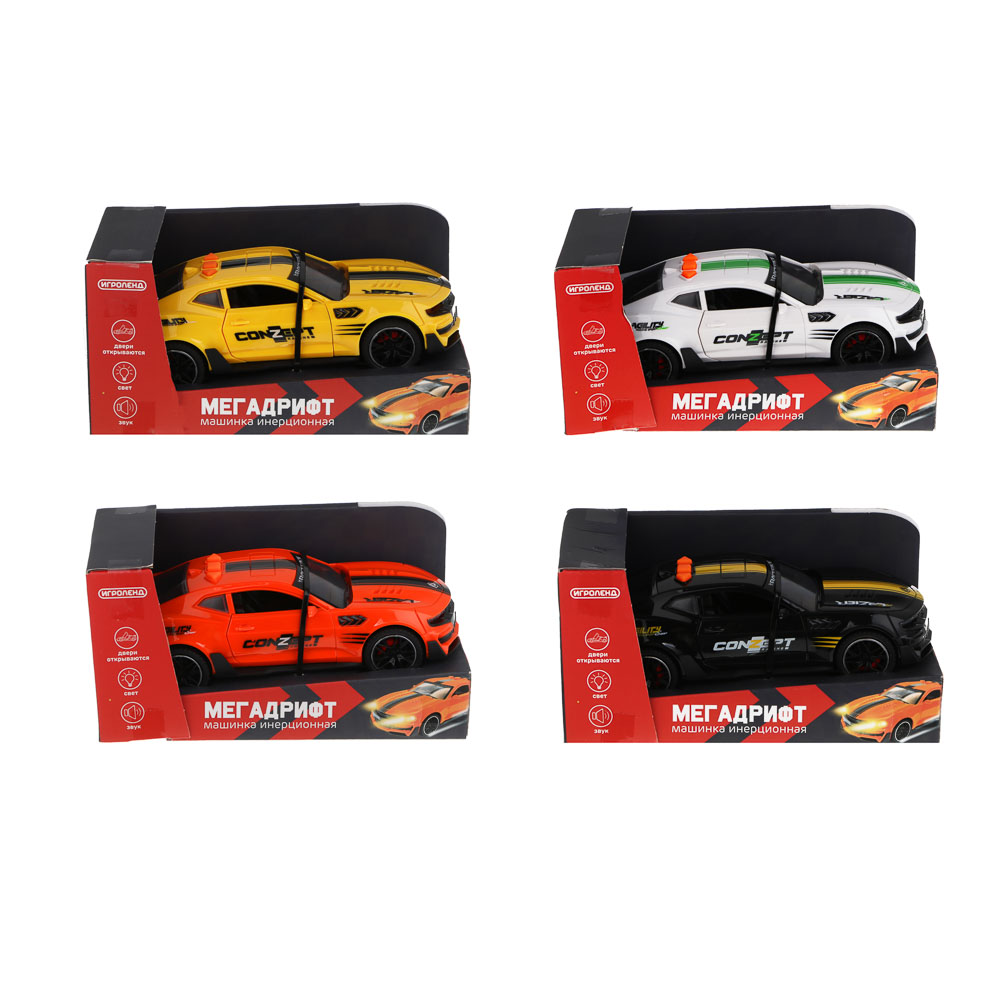 ИГРОЛЕНД Машина инерционная "Мега дрифт", свет, звук, 3хAG13, ABS,  17,2х7,2х5,3 см, 4 дизайна, арт.№ 292-477
