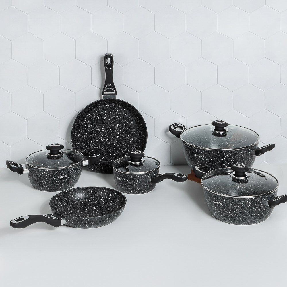 Набор посуды 10 предметов SATOSHI Танто, ковш+крышка 1,3 л, кастр.+крышки 2,3 л, 3,8 л, 5,7 л, сковороды 24 см и 28 см, индукция, арт.№ 846-665