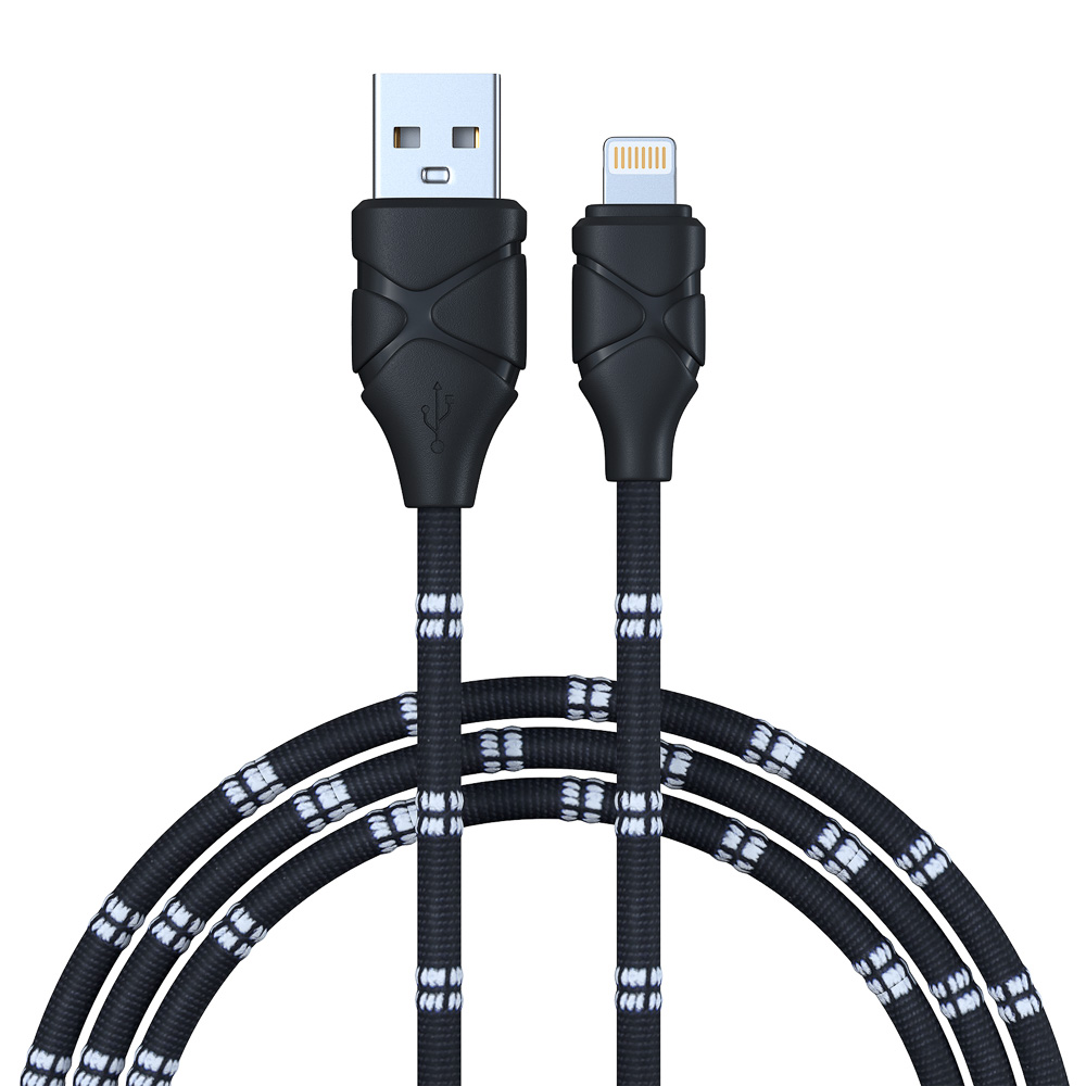 Кабель для зарядки USB(A)-iP FORZA Питон, 1м, 2А, тканевая оплётка, 3 цвета, пакет, арт.№ 470-078