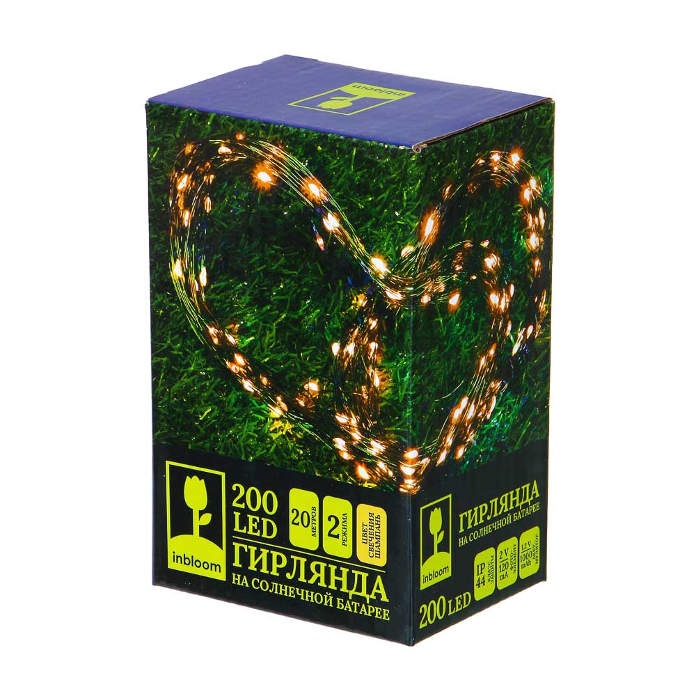Гирлянда уличная нить росы на солнечной батарее 20 м INBLOOM, 200 LED, свечение шампань, 2 режима, 1000 мАч, арт.№ 185-064