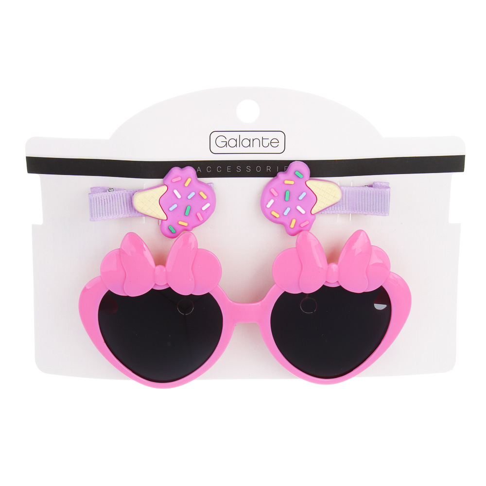 GALANTE Набор детский 3 пр. : Очки солнцезащитные 125x41мм, заколки 2 шт. 4,6 см, 6 дизайнов, арт.№ 304-508