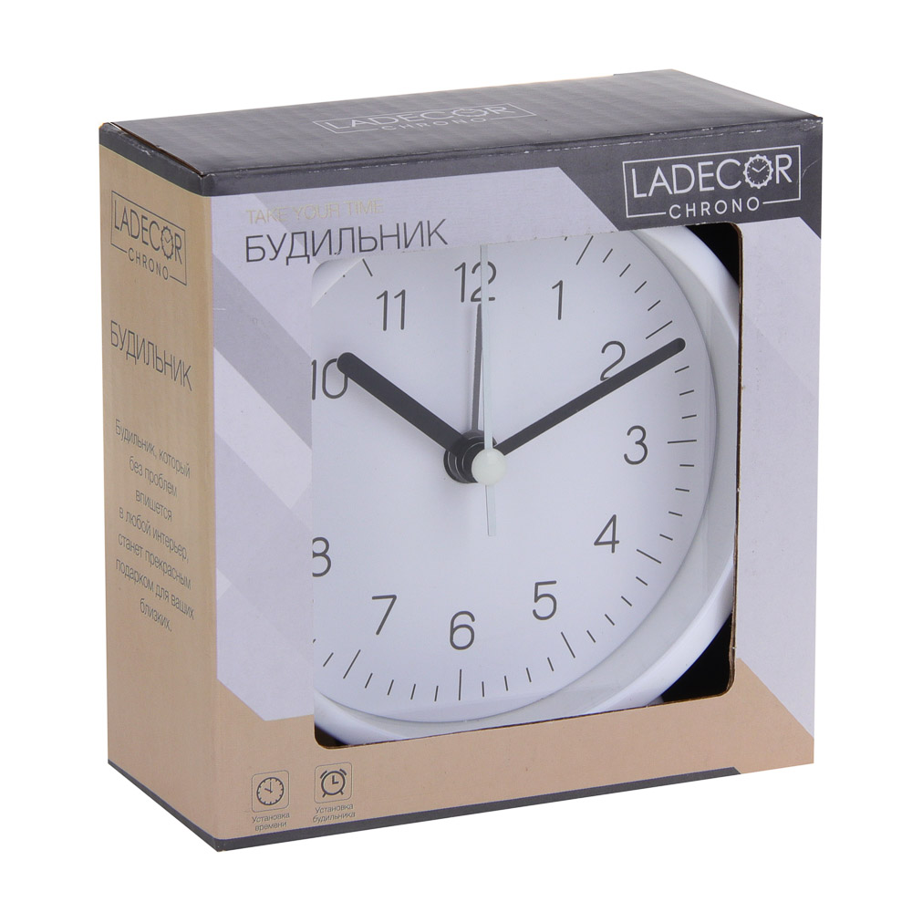 LADECOR CHRONO Будильник, 9,4x9,8x4 см, пластик, 1xAA, цвет белый, арт.№ 529-015
