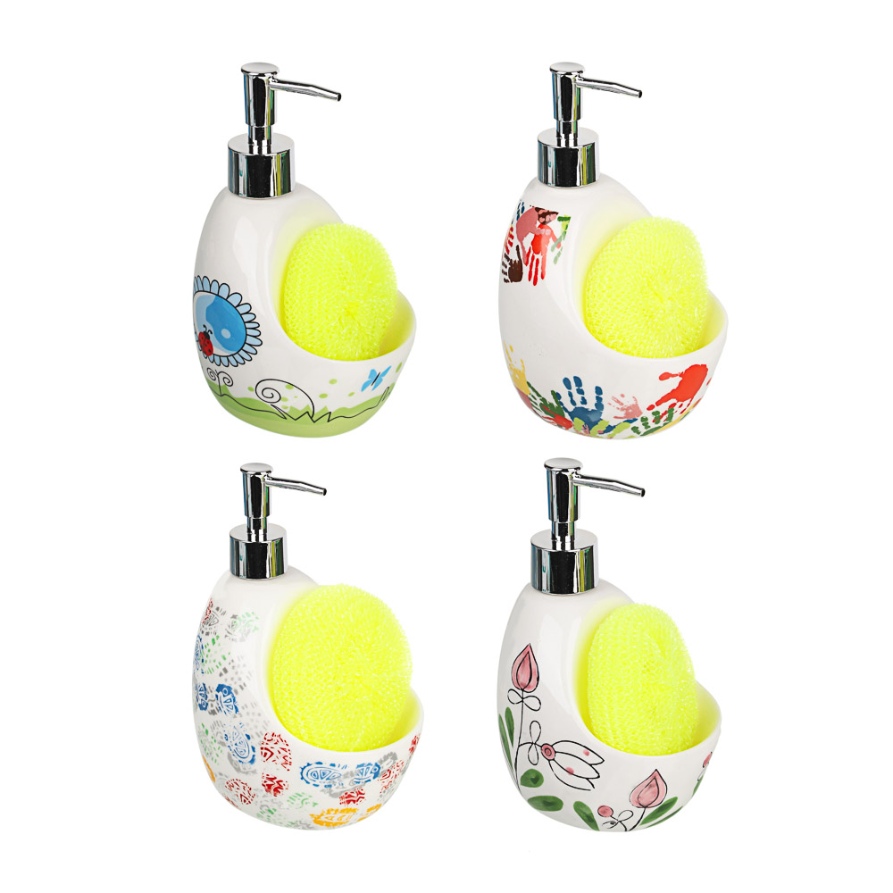 VETTA Диспенсер для моющего средства с губкой, керамика, 18х10см, 320 мл, 4 дизайна, D2, арт.№ 441-734