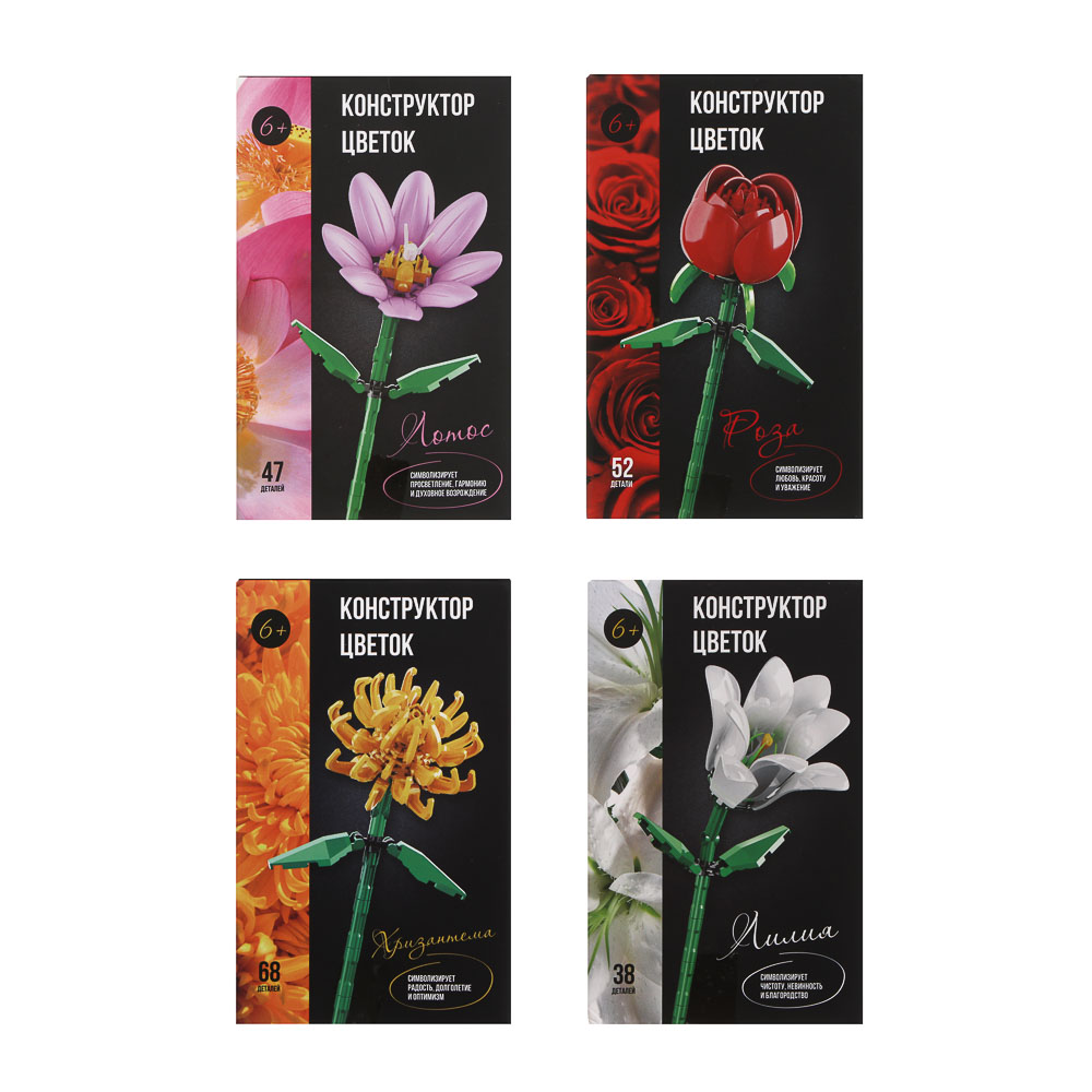 Конструктор в виде цветка, 38-68 дет., ABS, 8х3,5х13см, 4 вида, арт.№ 858-078