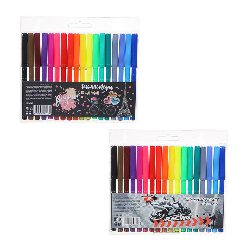 Френч Новел / Спорт Эффект Фломастеры 18 цветов с цветным вентилируемым колпачком, в ПВХ пенале, арт.№ 256-249