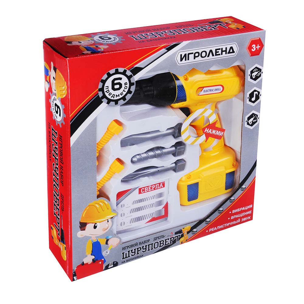 ИГРОЛЕНД Набор игровой "Шуруповерт на батарейках", 6 предметов, 2х1,5АА, ABS, 25,5х27х6,5см, арт.№ 276-091
