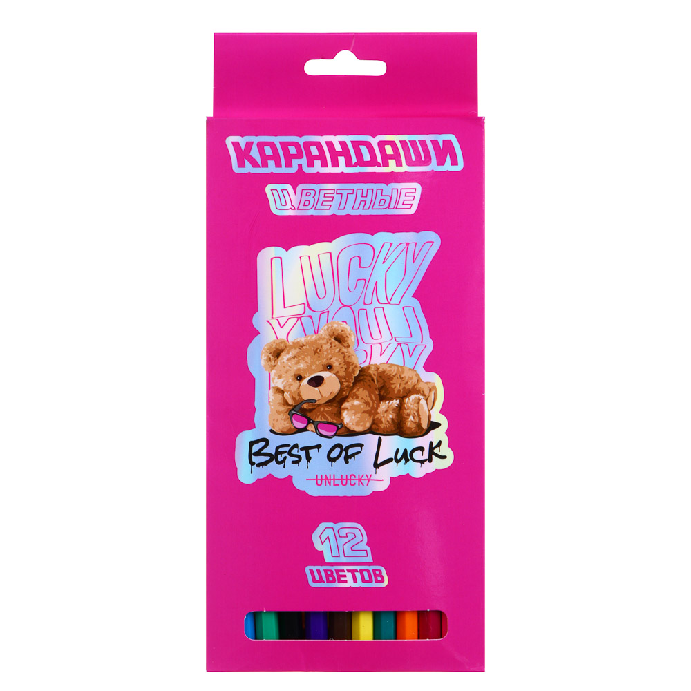 СЧАСТЛИВЫЙ МИШКА Карандаши 12 цветов, шестигранные заточенные, улучшенное письмо, пластик, к/к., арт.№ 228-200