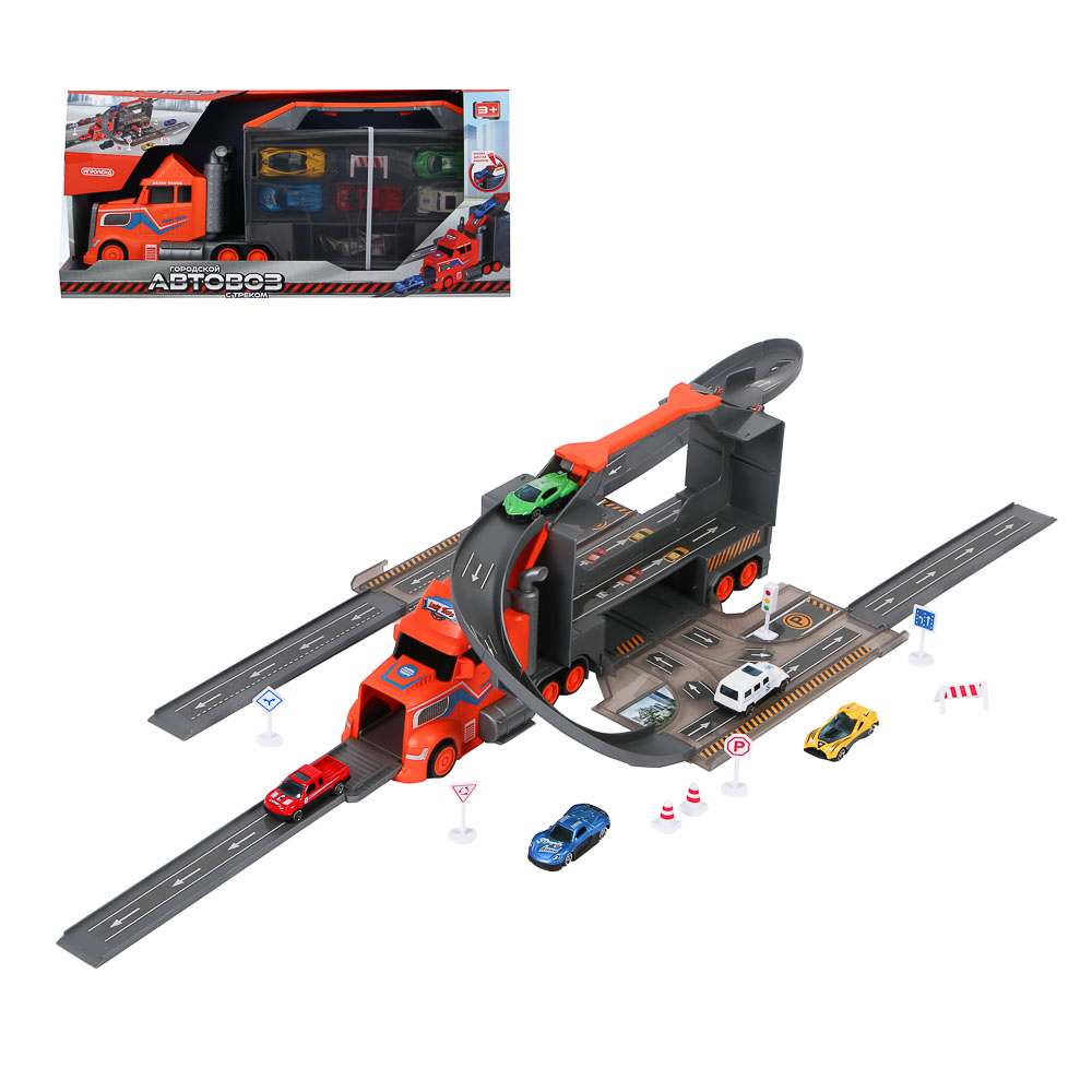 ИГРОЛЕНД Городской автовоз с треком, 5 машин, дорожные знаки, ABS, металл, 46,5х13х21 см, арт.№ 276-174