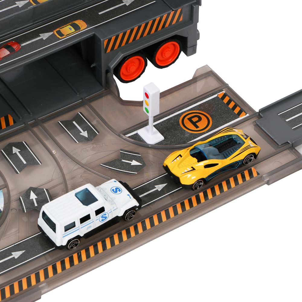 ИГРОЛЕНД Городской автовоз с треком, 5 машин, дорожные знаки, ABS, металл, 46,5х13х21 см, арт.№ 276-174