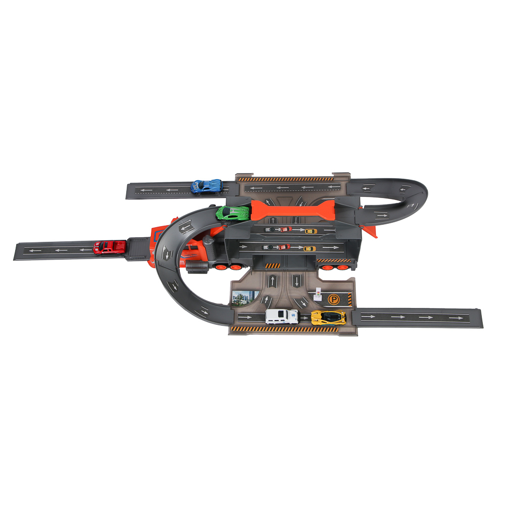 ИГРОЛЕНД Городской автовоз с треком, 5 машин, дорожные знаки, ABS, металл, 46,5х13х21 см, арт.№ 276-174