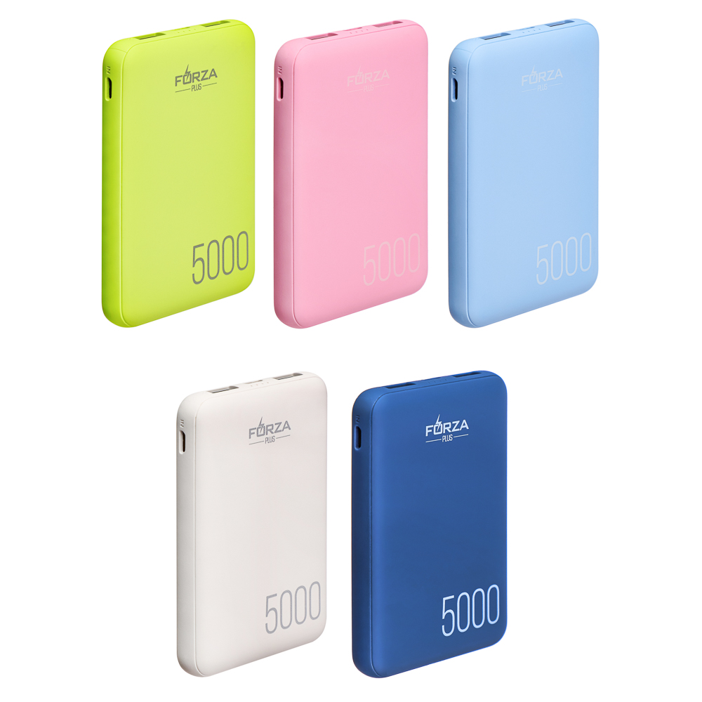 Аккумулятор мобильный FORZA 5000мАч, 2xUSB, 2А, прорезиненное покрытие, пять цветов, арт.№ 916-211