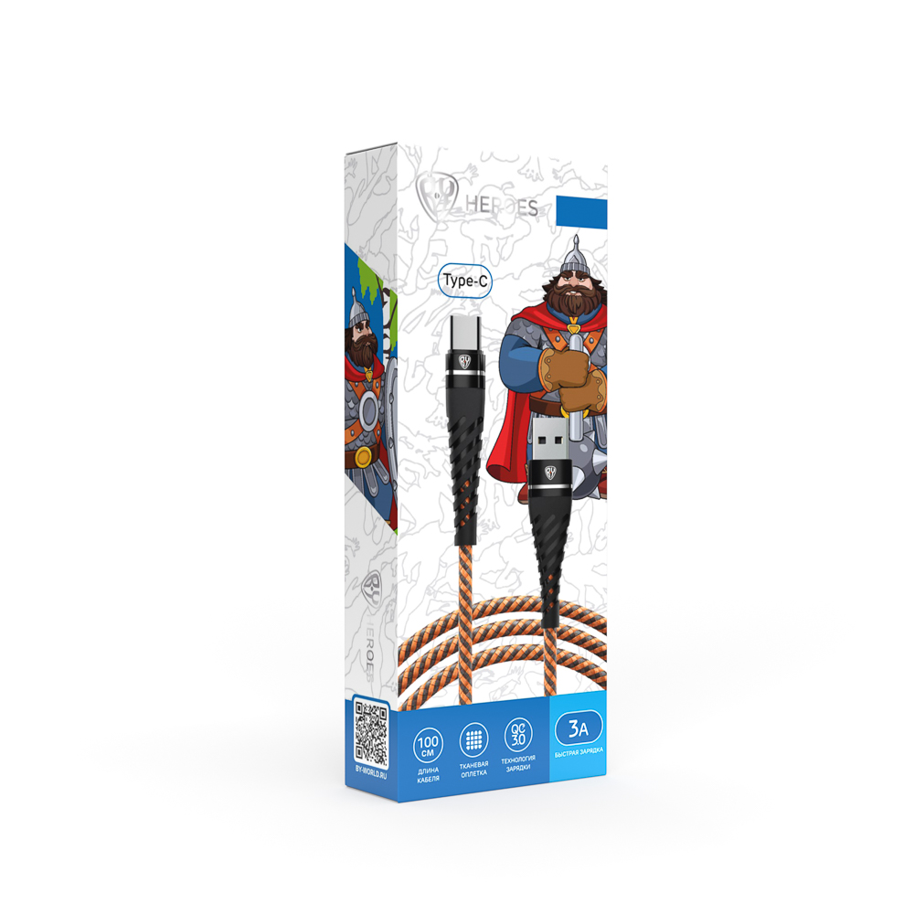 Кабель для зарядки USB(A)-Type C BY Герои, 1м., 2.4А, быстр зар QC3.0, тканная оплётка, Добрыня, арт.№ 931-391