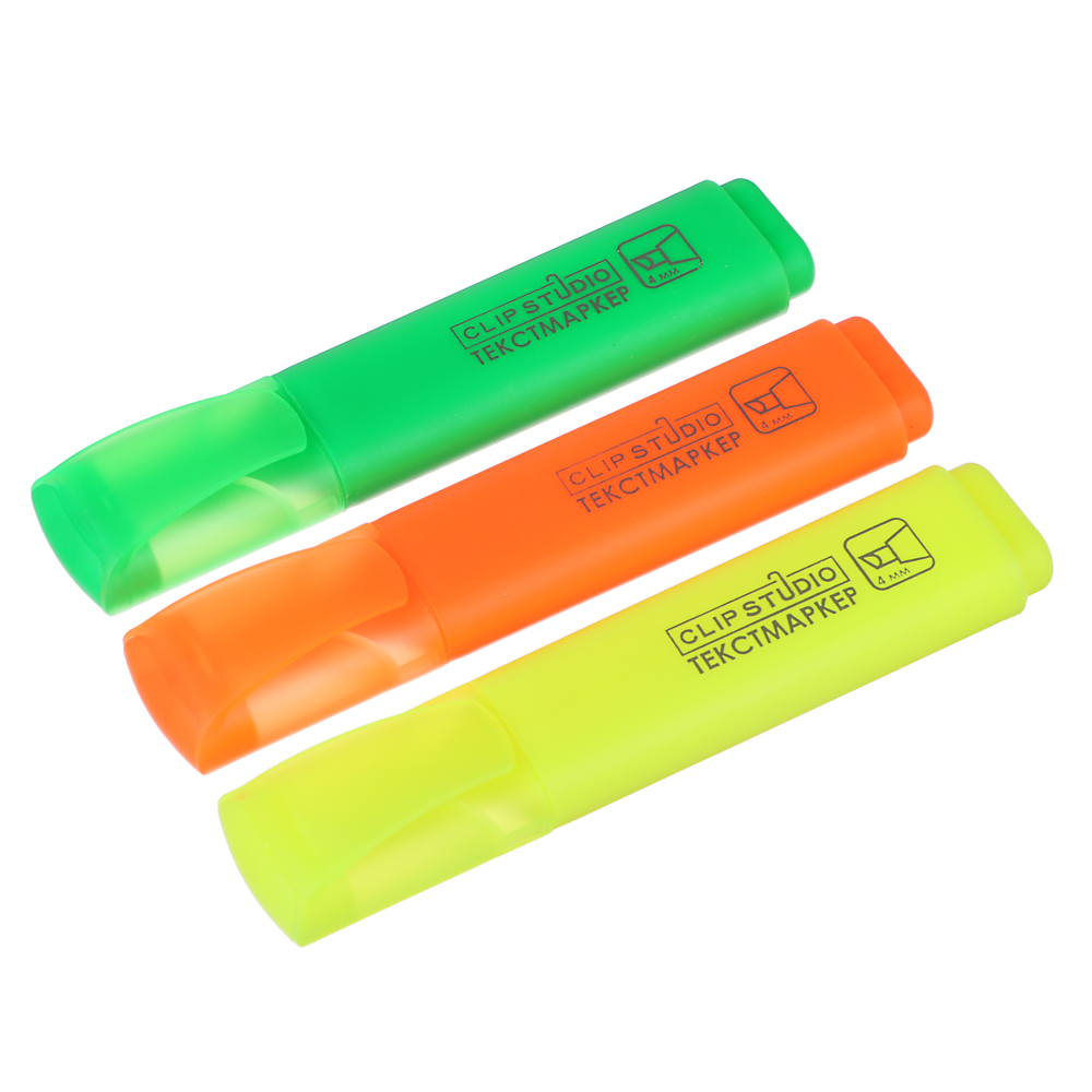 ClipStudio Набор маркеров-выделителей, 3цв., плоский корпус, скошенный наконечник 4мм, в ПВХ пенале, арт.№ 526-501