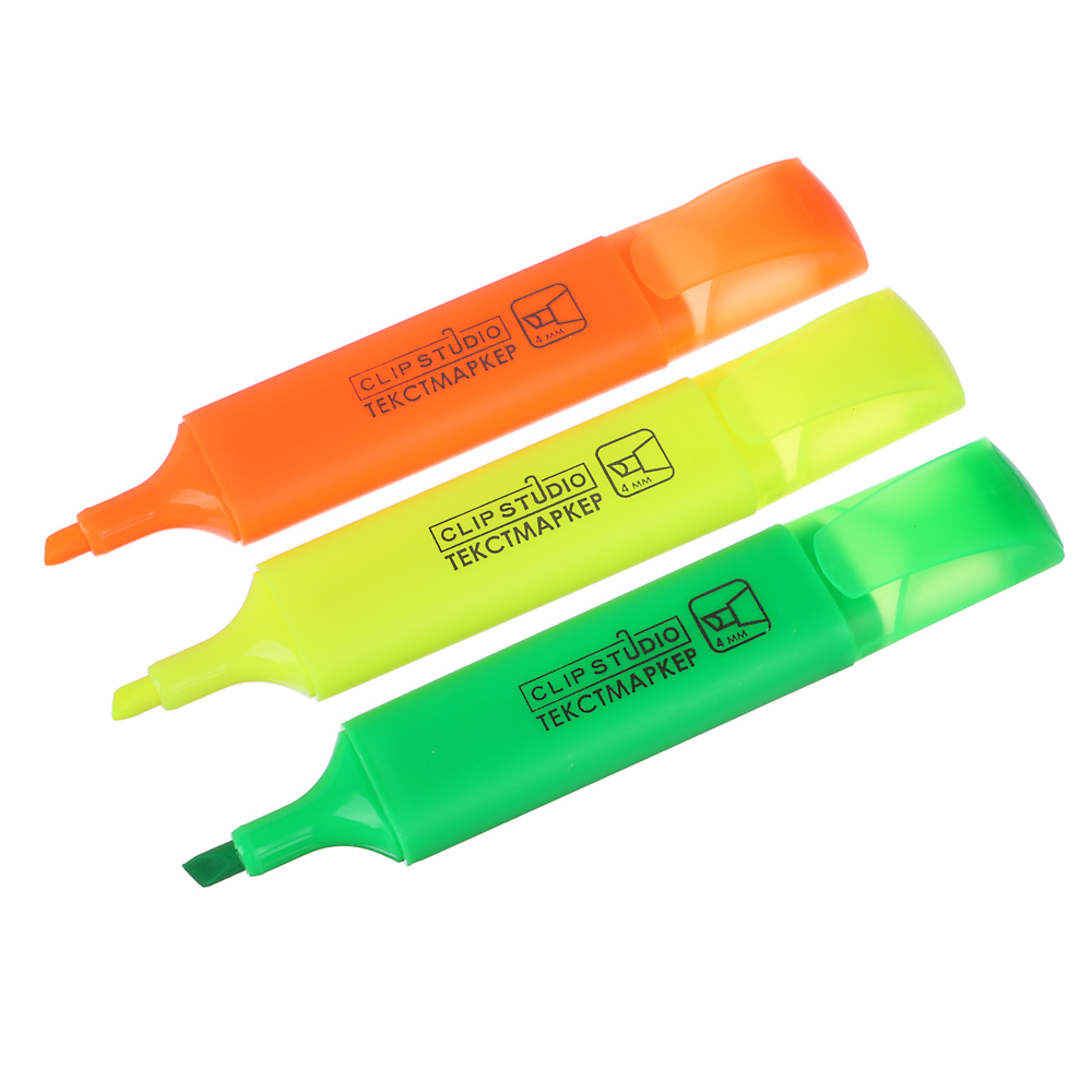 ClipStudio Набор маркеров-выделителей, 3цв., плоский корпус, скошенный наконечник 4мм, в ПВХ пенале, арт.№ 526-501