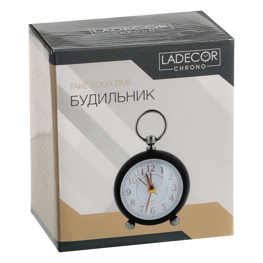 LADECOR CHRONO Будильник c подсветкой, 1xАА, 8x8x6,5 см, металл, черный, арт.№ 529-028