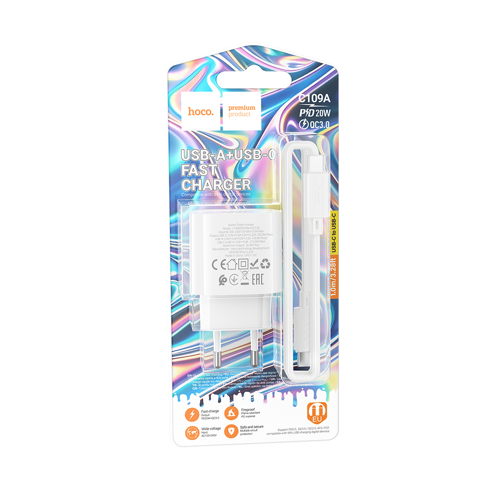 Комплект СЗУ hoco. модель C109A, PD20Вт+QC3.0, каб. C-C, белый, арт.№ 916-336
