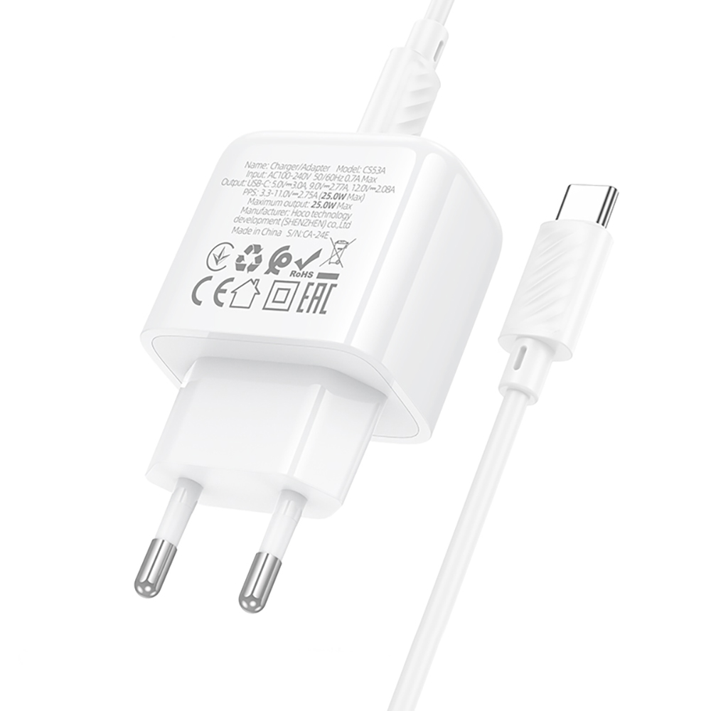 Комплект СЗУ hoco. модель CS53A, USB-C, PD25Вт, каб. C-C, белый, арт.№ 916-337