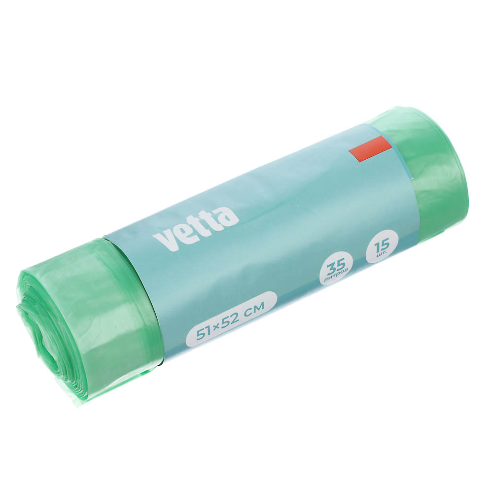 VETTA Мешки для мусора с завязками 35 л., 15 шт., стандарт, зелёные, рулон, арт.№ 449-046