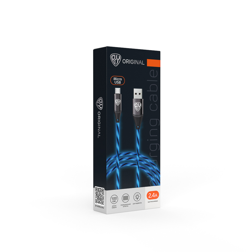 Кабель для зарядки USB(A)-microUSB BY Светящийся, 1м, 2.4А, Быстрая зарядка, LED подсветка синяя, арт.№ 443-012