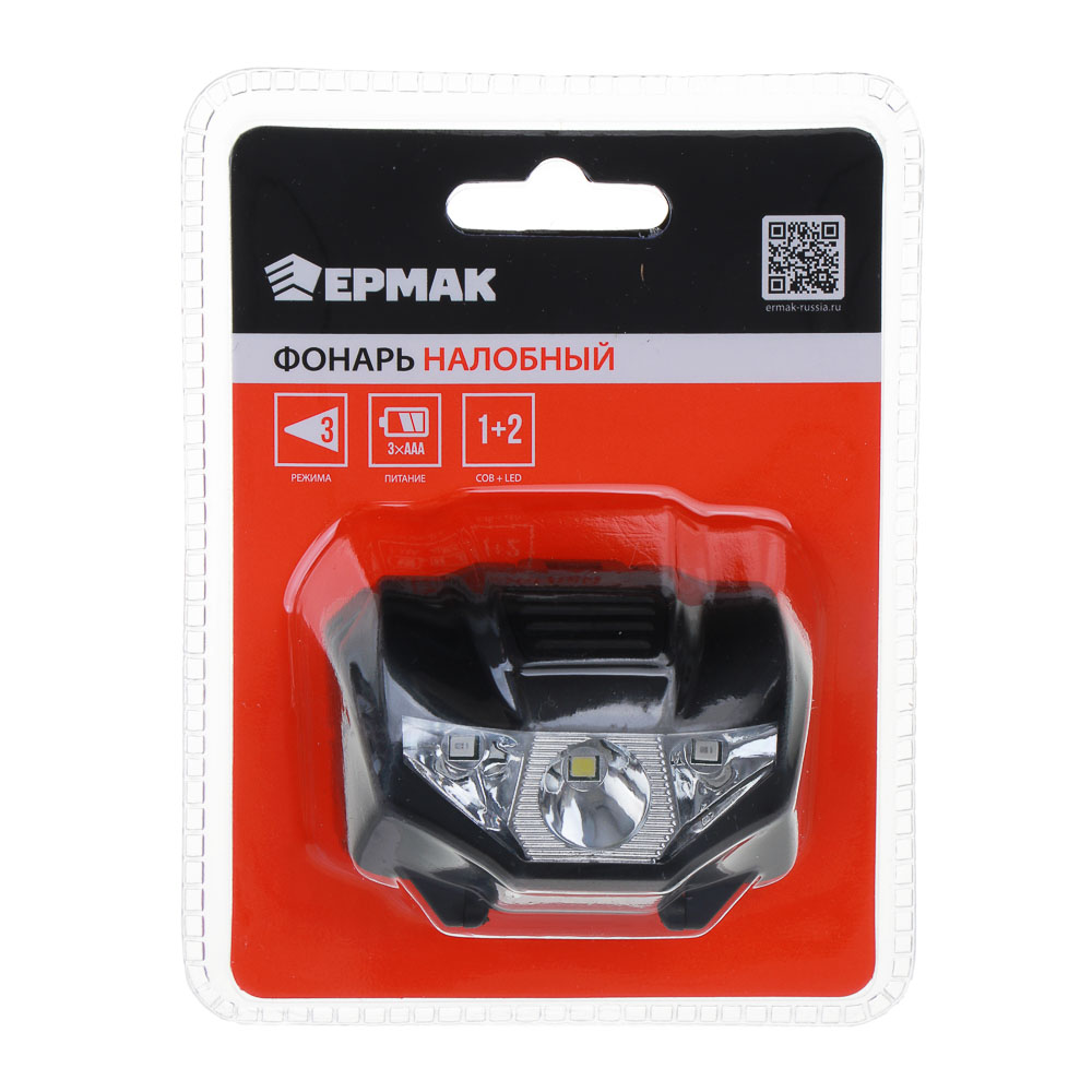 Фонарь налобный тм ЕРМАК, 2 LED+COB, 3 режима, 3хААА, 6х4,6х3,5см, красный свет, арт.№ 221-029