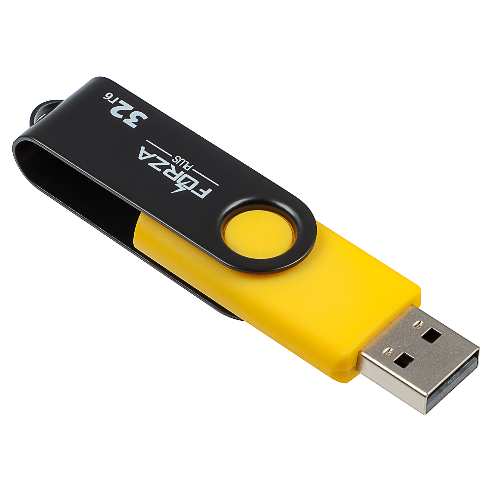 Флеш-карта USB2.0 FORZA 32Гб, 6 класс, матовое покрытие, блистер, пластик, черный/желтый, арт.№ 405-097