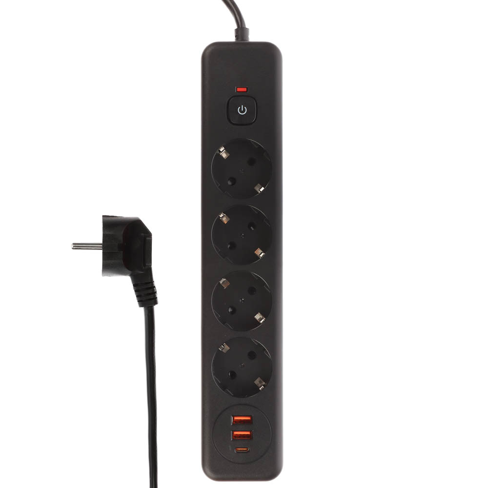 Удлинитель, сетевой фильтр 4 гнезда 3м BY Black, 2*USB, 1*type-C,выкл., 2500Вт, чёрный, арт.№ 907-276
