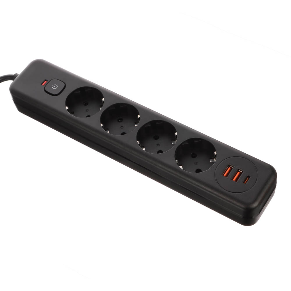 Удлинитель, сетевой фильтр 4 гнезда 3м BY Black, 2*USB, 1*type-C,выкл., 2500Вт, чёрный, арт.№ 907-276